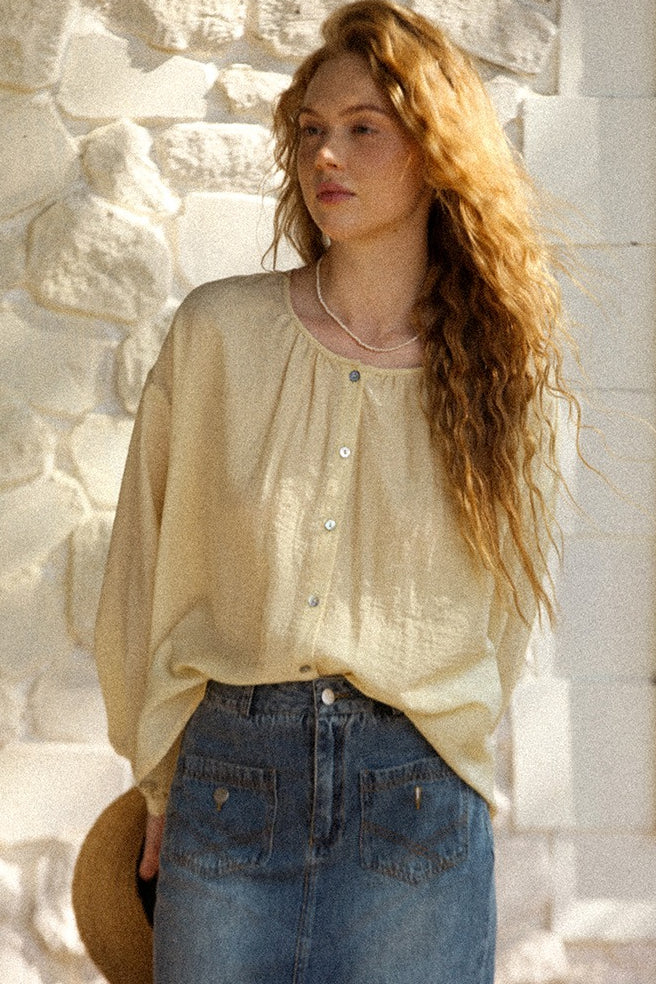 Lantern Sleeve Round Neck Blouse