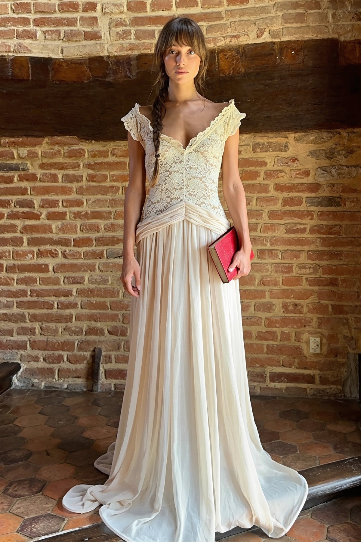 Lace Bodice Off Shoulder Chiffon Maxi Bridal Gown