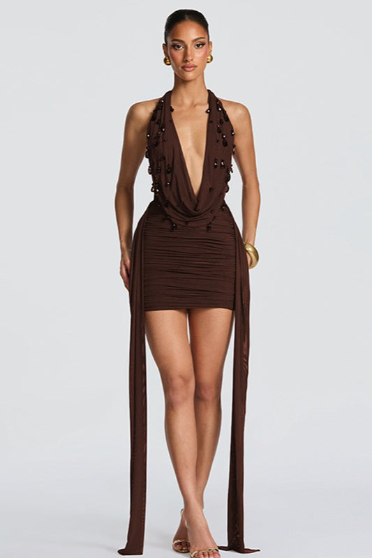 Embellished Halter Neck Plunge Ruched Mini Dress