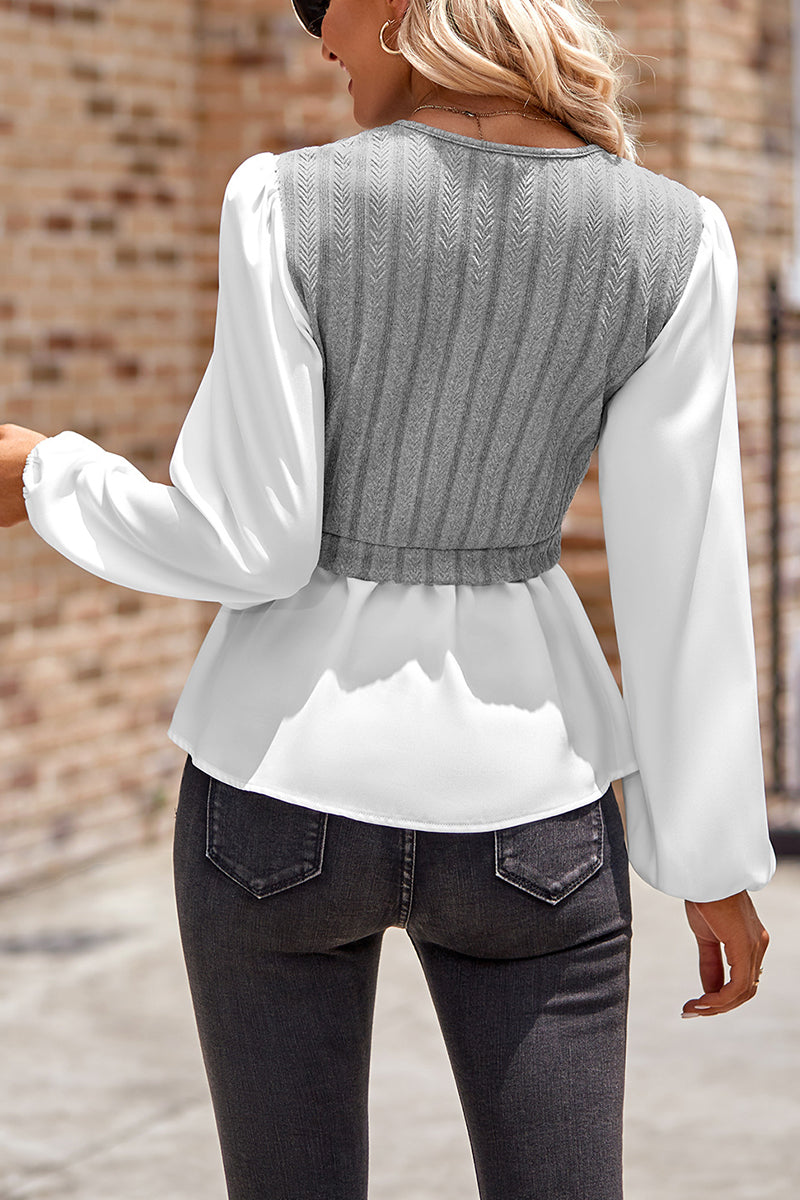 V-neck Patch Work Long-sleeved Top - Fashionpara