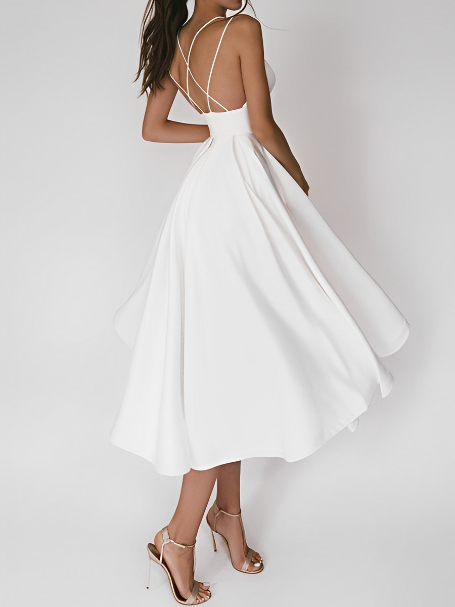 Spaghetti Strap Cross Back Fit and Flare A-Line Midi Dress