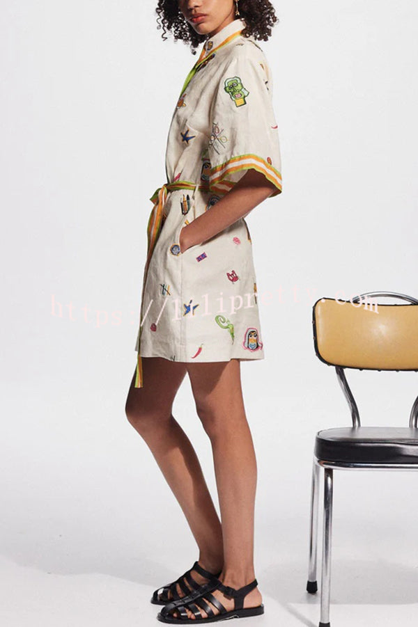 Britt Linen Blend Unique Printed Short Sleeved Pocket Tie Waist Mini Dress - Fashionpara