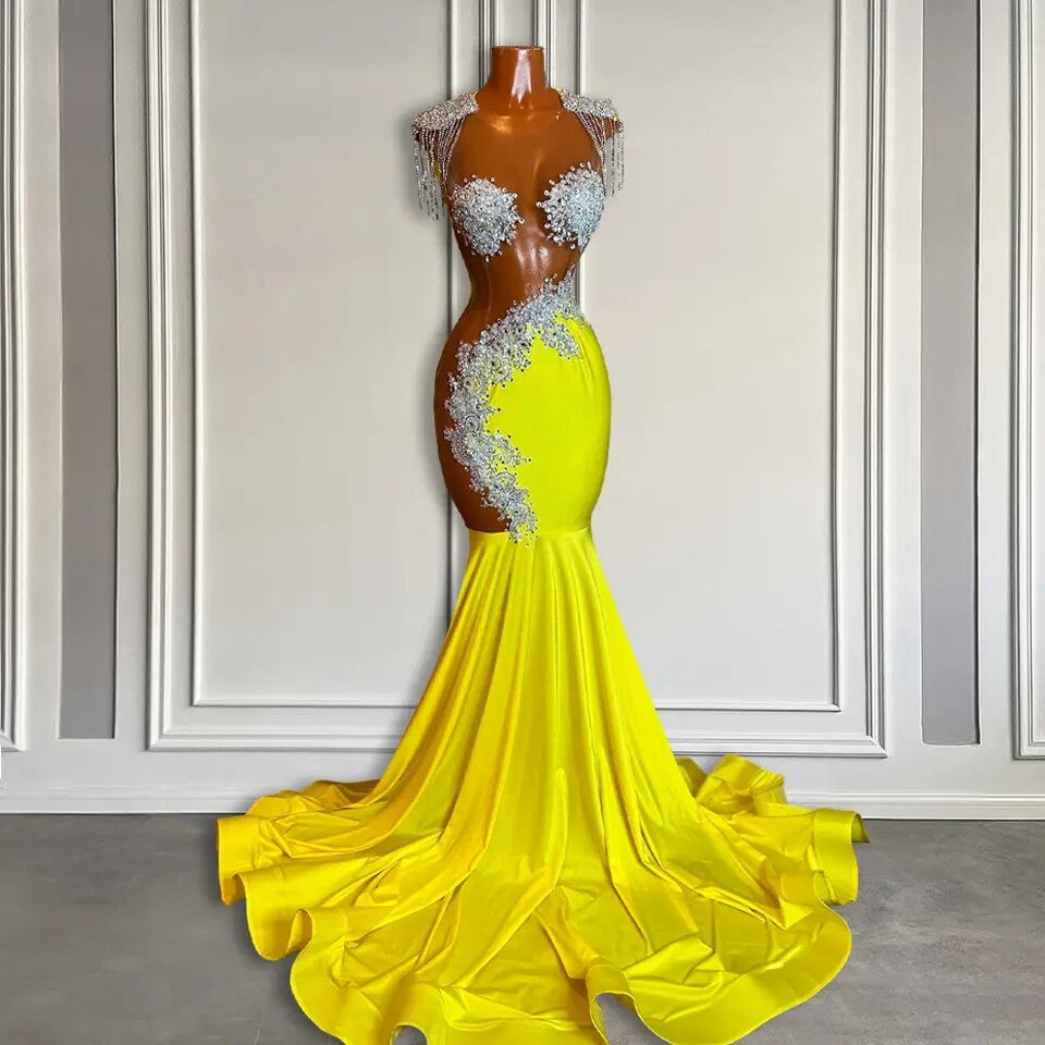 Beautiful Yellow Long Scoop Mermaid Prom Dresses with Beadings and Tassels - Fashionpara