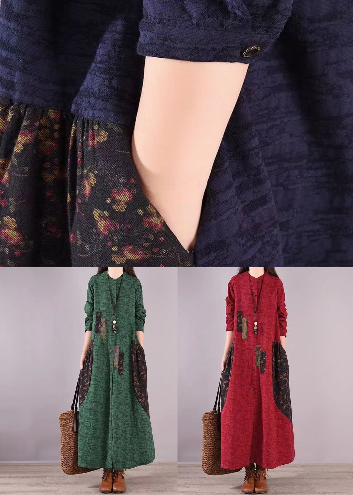 Linen Stand Collar Button Front Patchwork Panel Pocket Maxi Dress - View 5