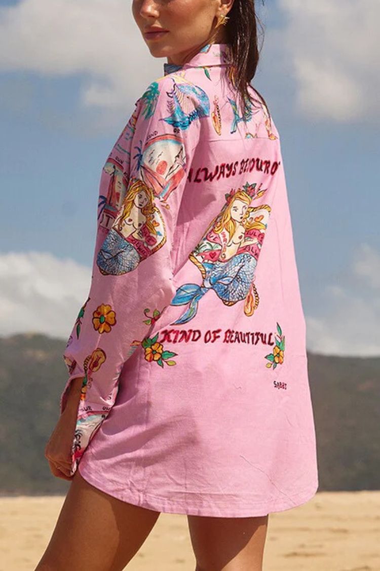 Mermaid Whispers Linen Blend Unique Print Long Sleeve Oversized Blouse - Fashionpara