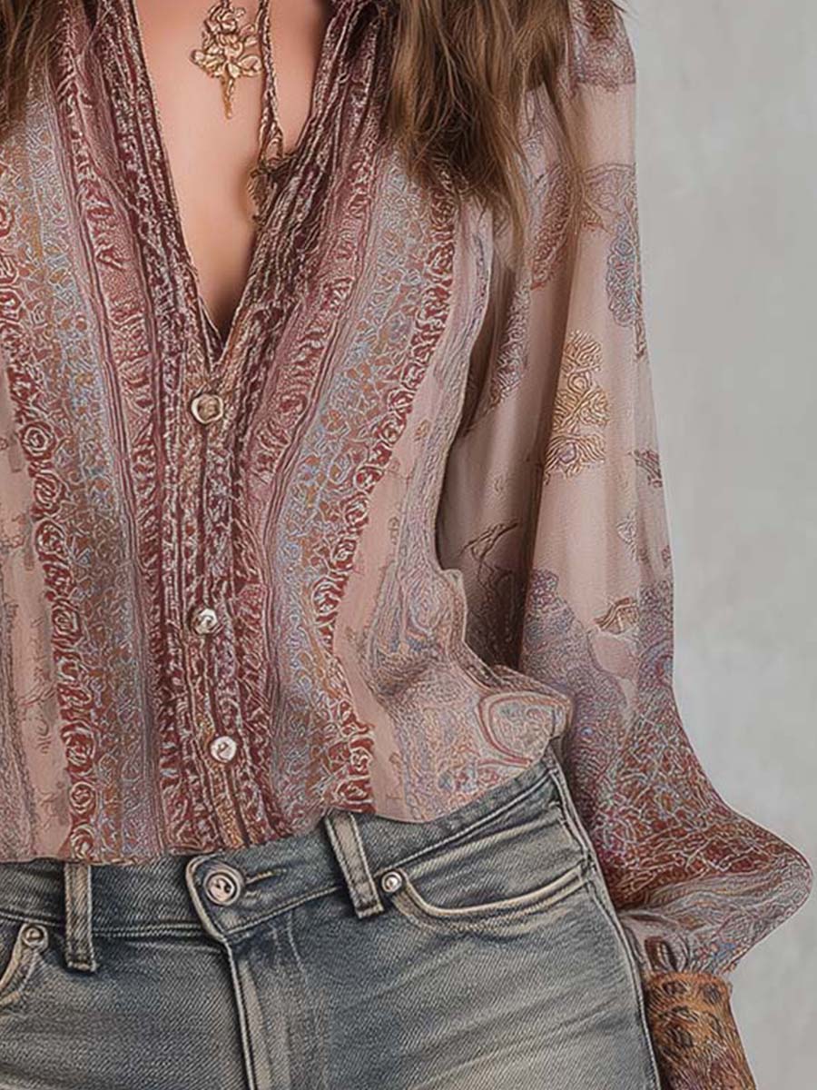 Boho Paisley Sheer Blouse With Lace Cuffs - Fashionpara