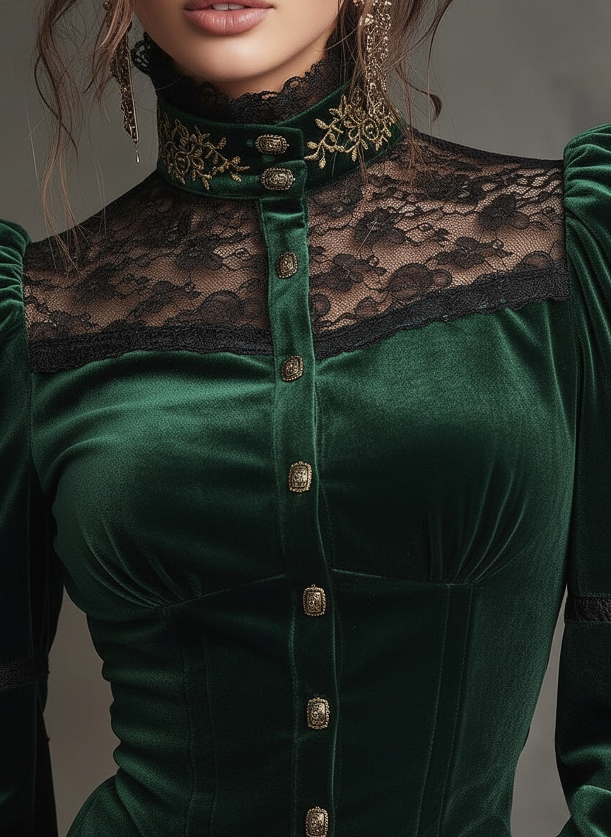 Emerald Velvet & Lace Victorian Blouse - Fashionpara
