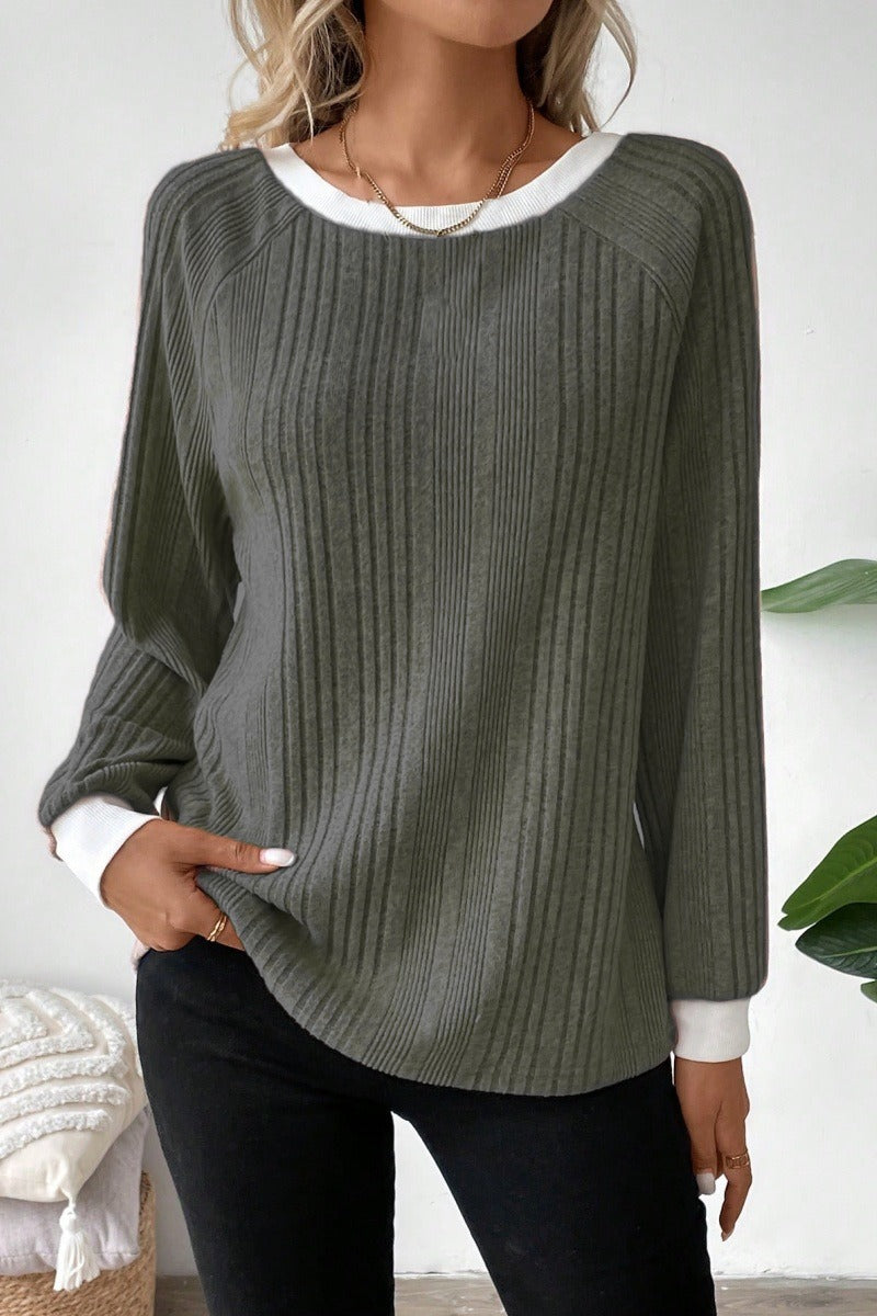 Ribbed Contrast Trim Crew Neck Knit Sweater