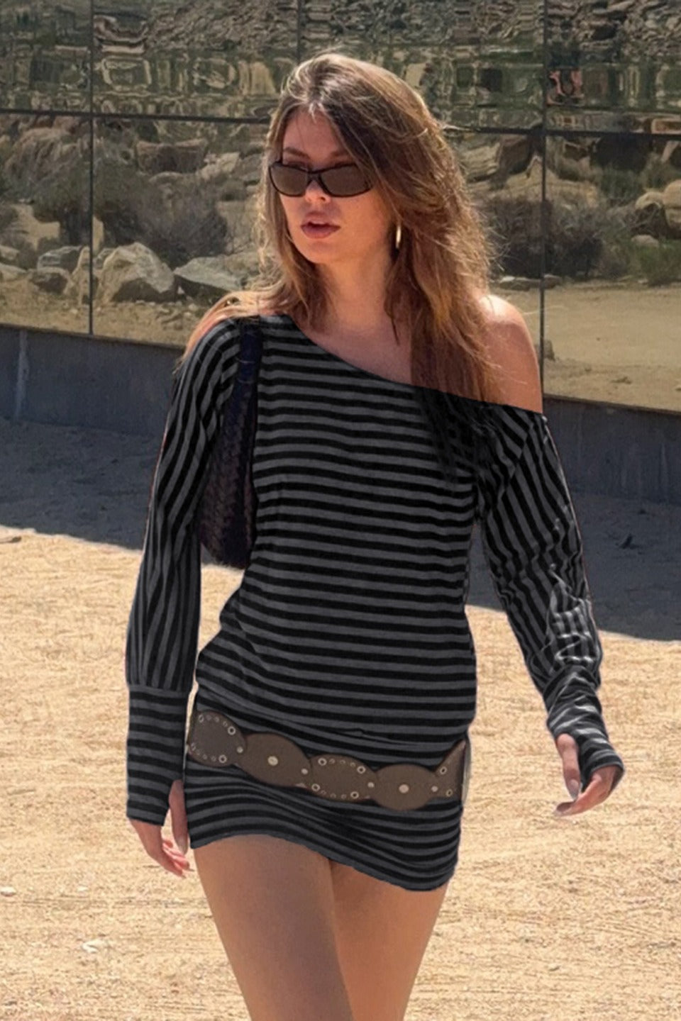 Striped One-Shoulder Long Sleeve Bodycon Mini Dress