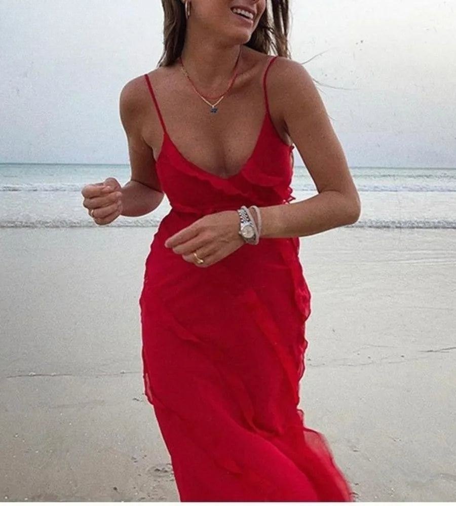Ruffle Trim V-Neck Sleeveless Mermaid Gown