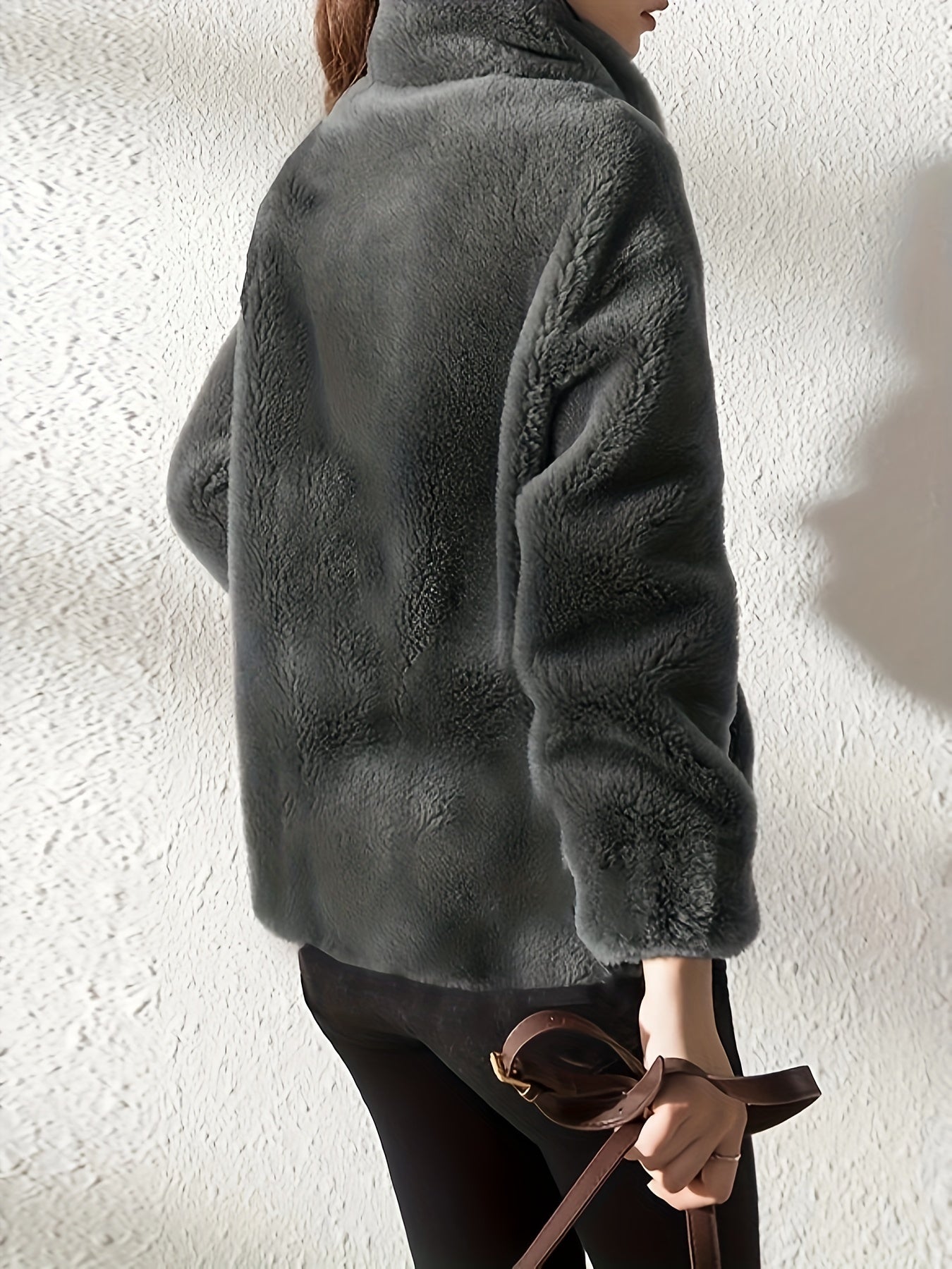 Drawstring Zip Up Long Sleeve Teddy Coat