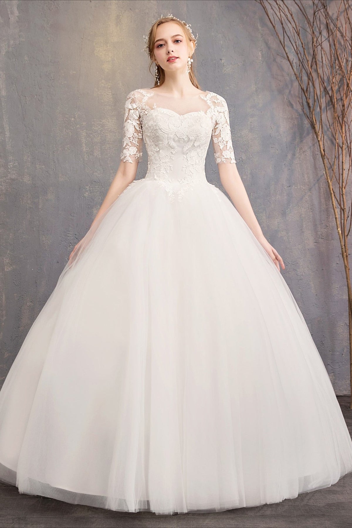 Lace Illusion High Neck Three Quarter Sleeve Ball Gown Wedding Dress