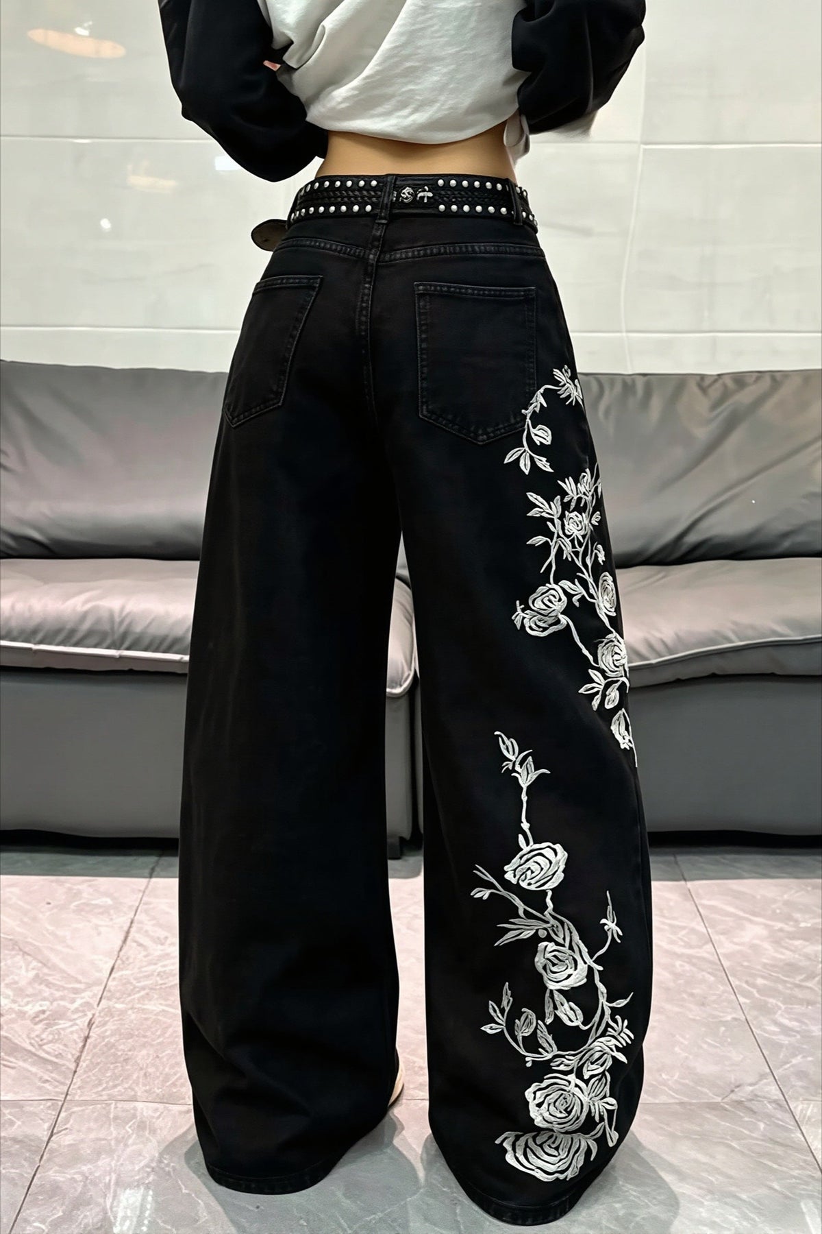 Rose Embroidered Stretch Straight Leg Jeans