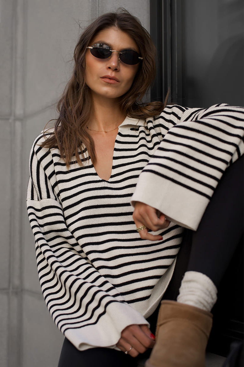 PrincessAce Striped Polo Neck Knit Sweater for Effortless Style