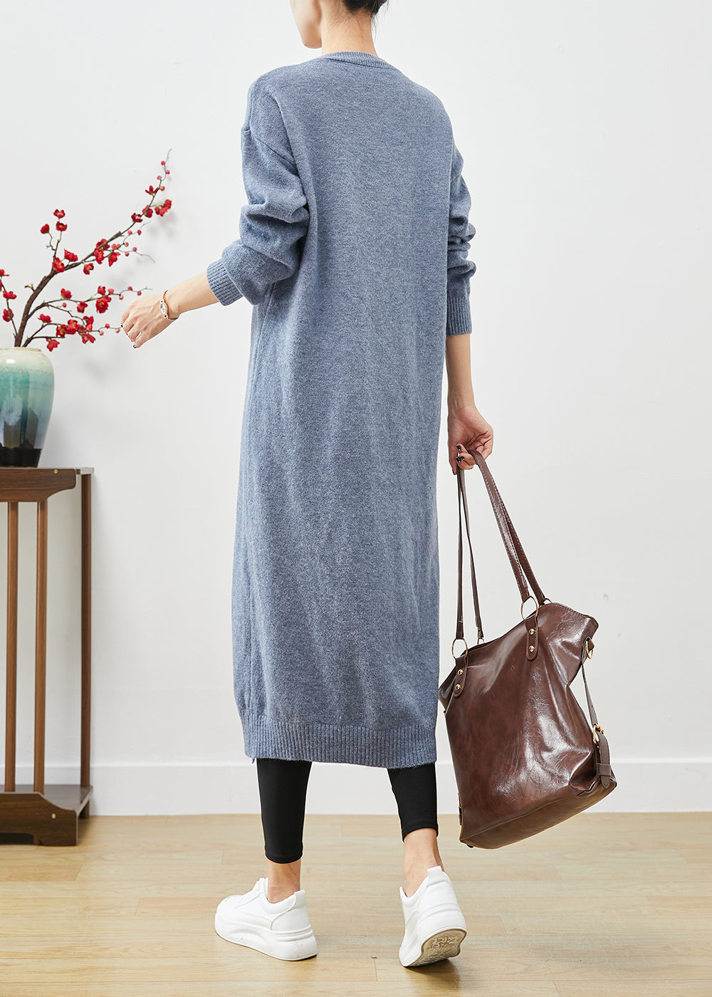 Knit Crew Neck Long Sleeve Ribbed High Split Sweater Midi Dress - View 4