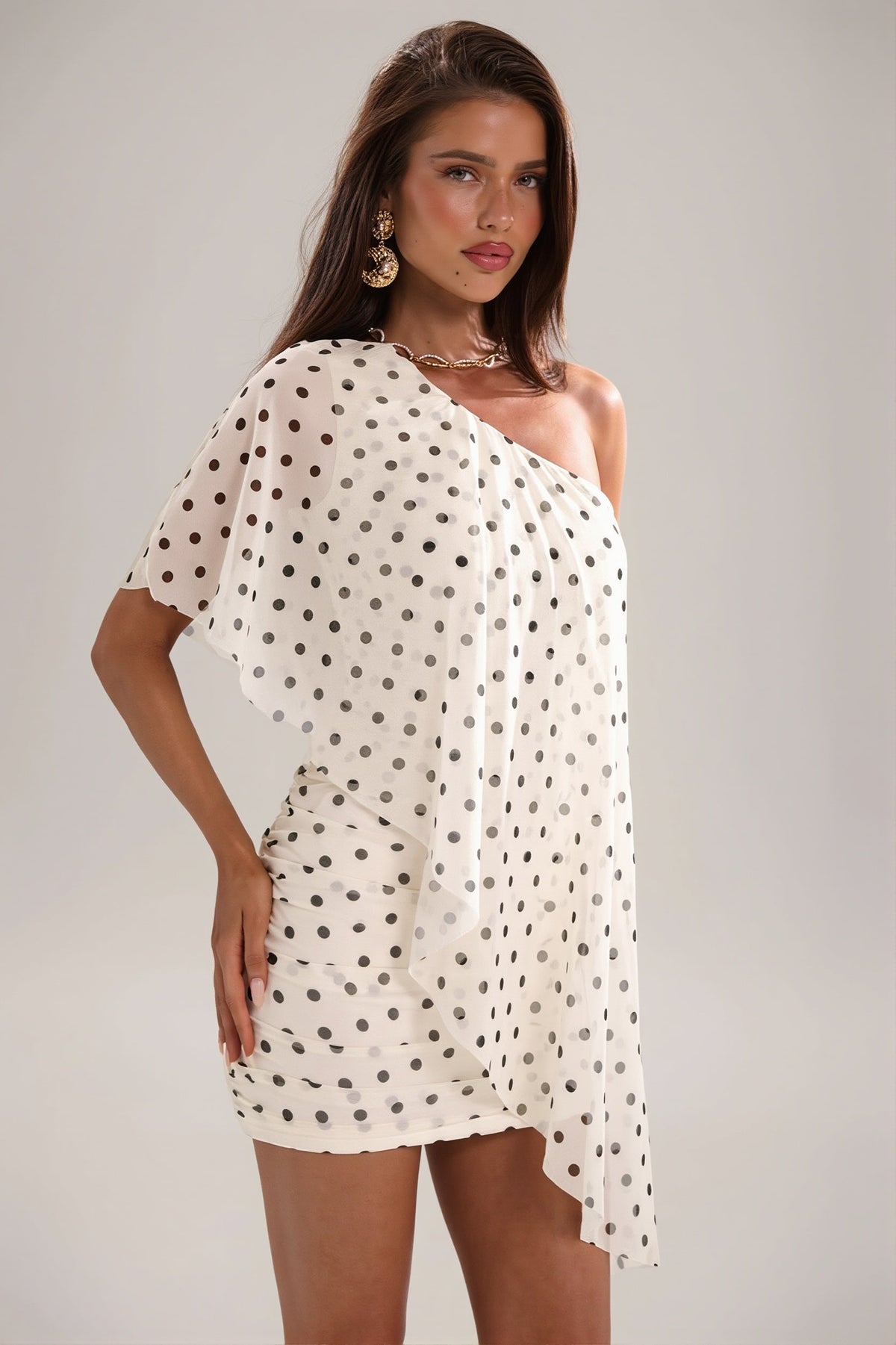 One Shoulder Cape Overlay Ruched Mini Party Dress