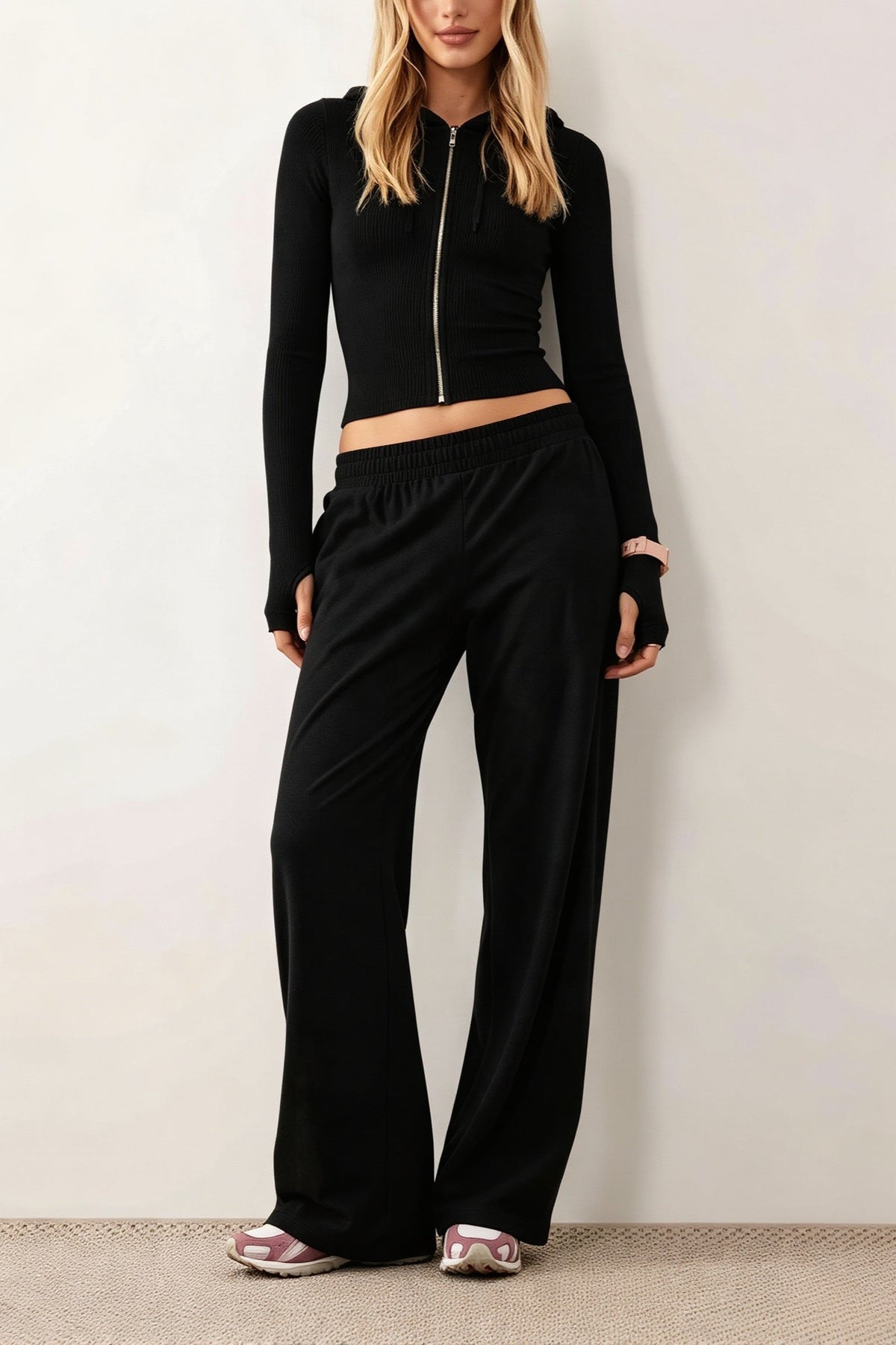 Fitted Zip Front Wide Leg Pant Hoodie Two Piece Set