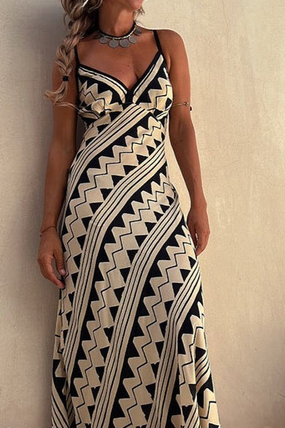 Geometric Print Spaghetti Strap V-Neck A-Line Dress