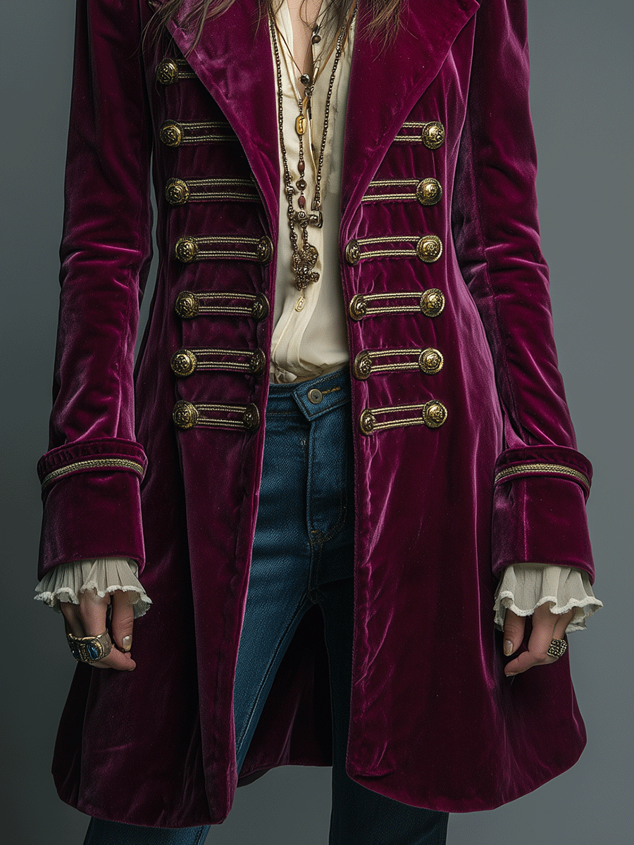 Regal Burgundy Velvet Officer-Inspired Coat