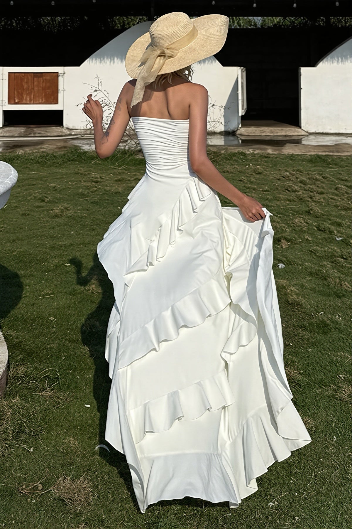 Satin Strapless Ruffle High Split Maxi Dress 4