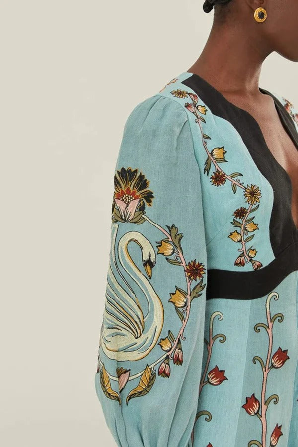 Flowing Beauty Linen Blend Floral Print Balloon Sleeve Open Back Midi Dress - Fashionpara