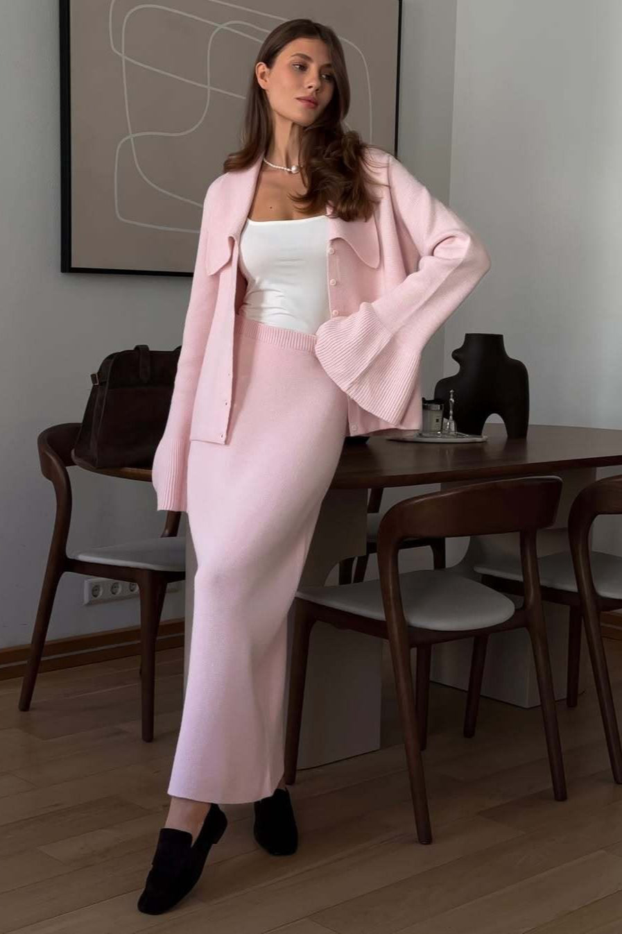 Elegant Pink Bell-Sleeve Cardigan and Straight Skirt Set