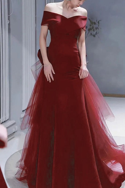 Satin Off Shoulder Tulle Mermaid Gown - View 5