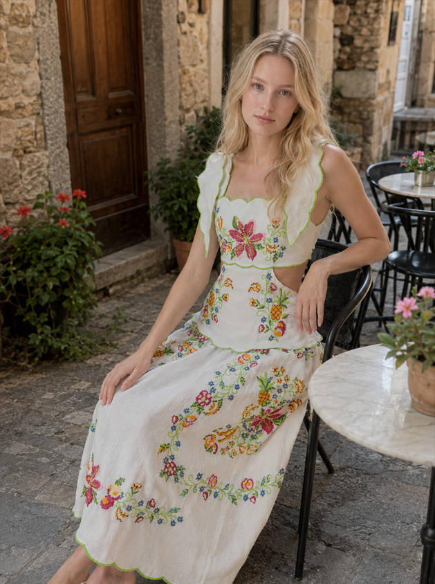 Floral Embroidered Square Neck Top & Skirt Set