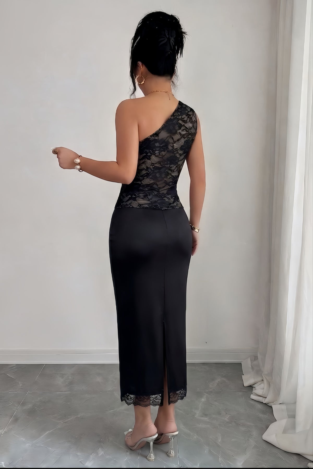 Floral Lace One Shoulder Satin Mermaid Midi Dress