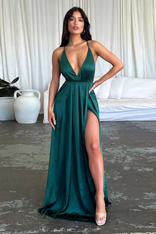 Satin V-Neck Waist-Cinching Split Dress Party Dress