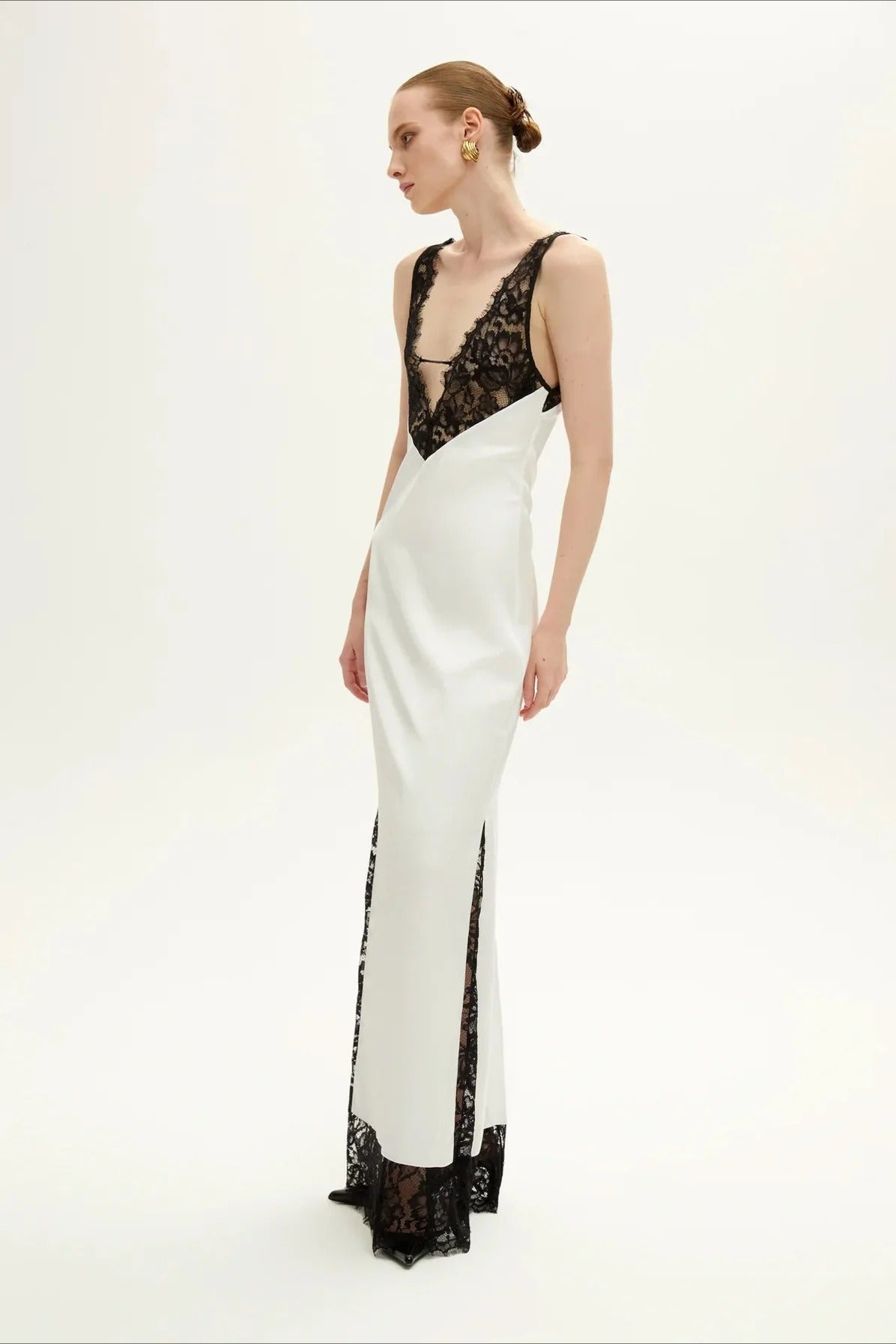 Satin Lace-Trim V-Neck Spaghetti Strap Slip Maxi Dress