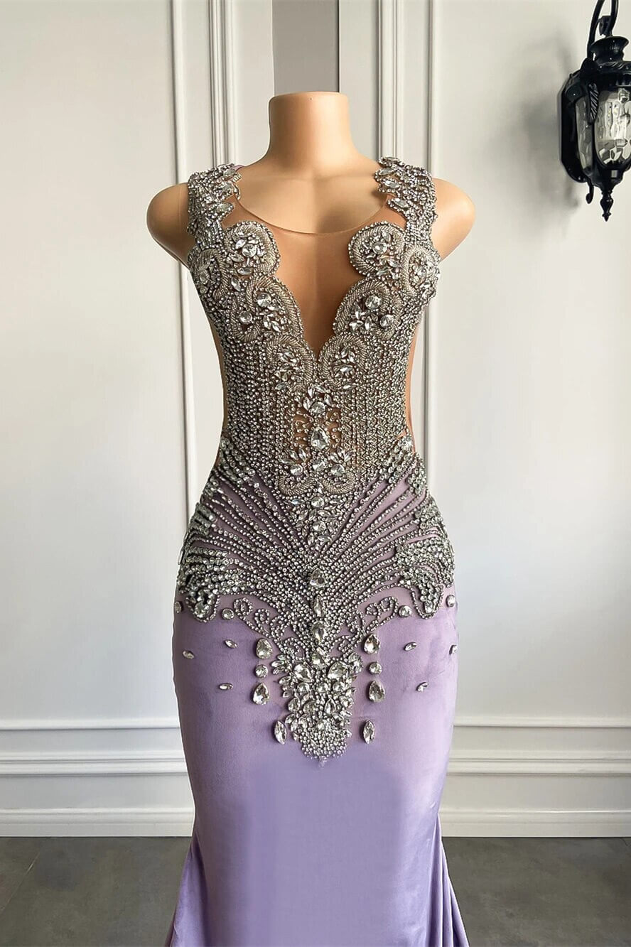 Elegant Lilac Mermaid Prom Dresses with Scoop Neckline Sleeveless and Crystal Beadings - Fashionpara