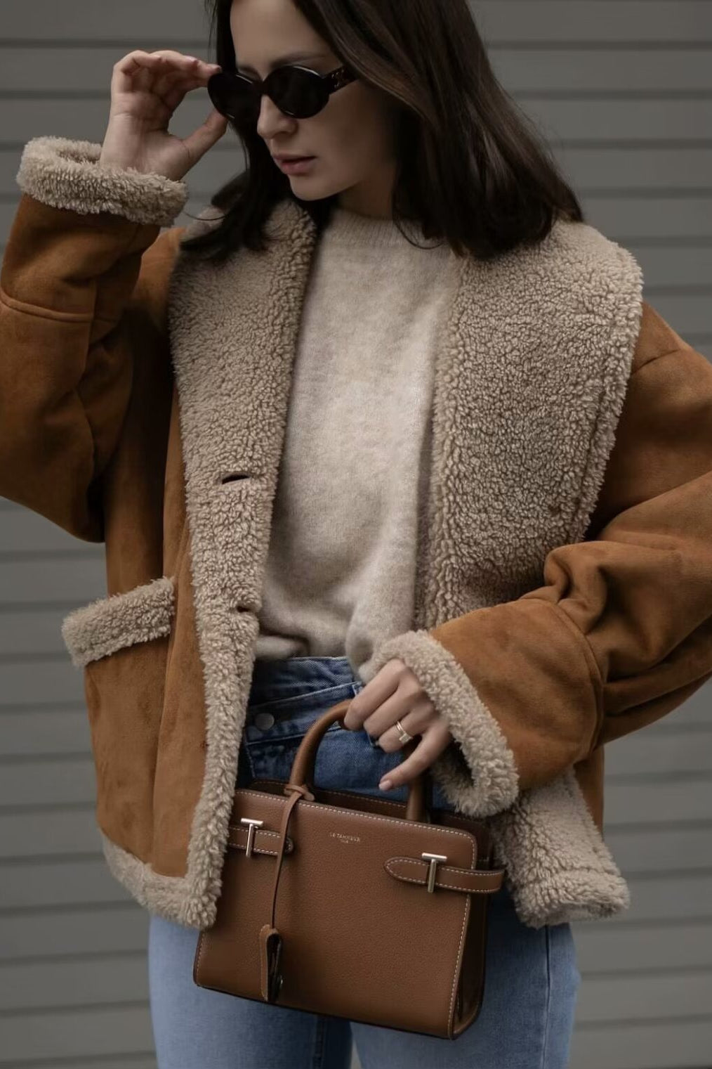 Lapel Faux Suede Shearling Coat - Fashionpara