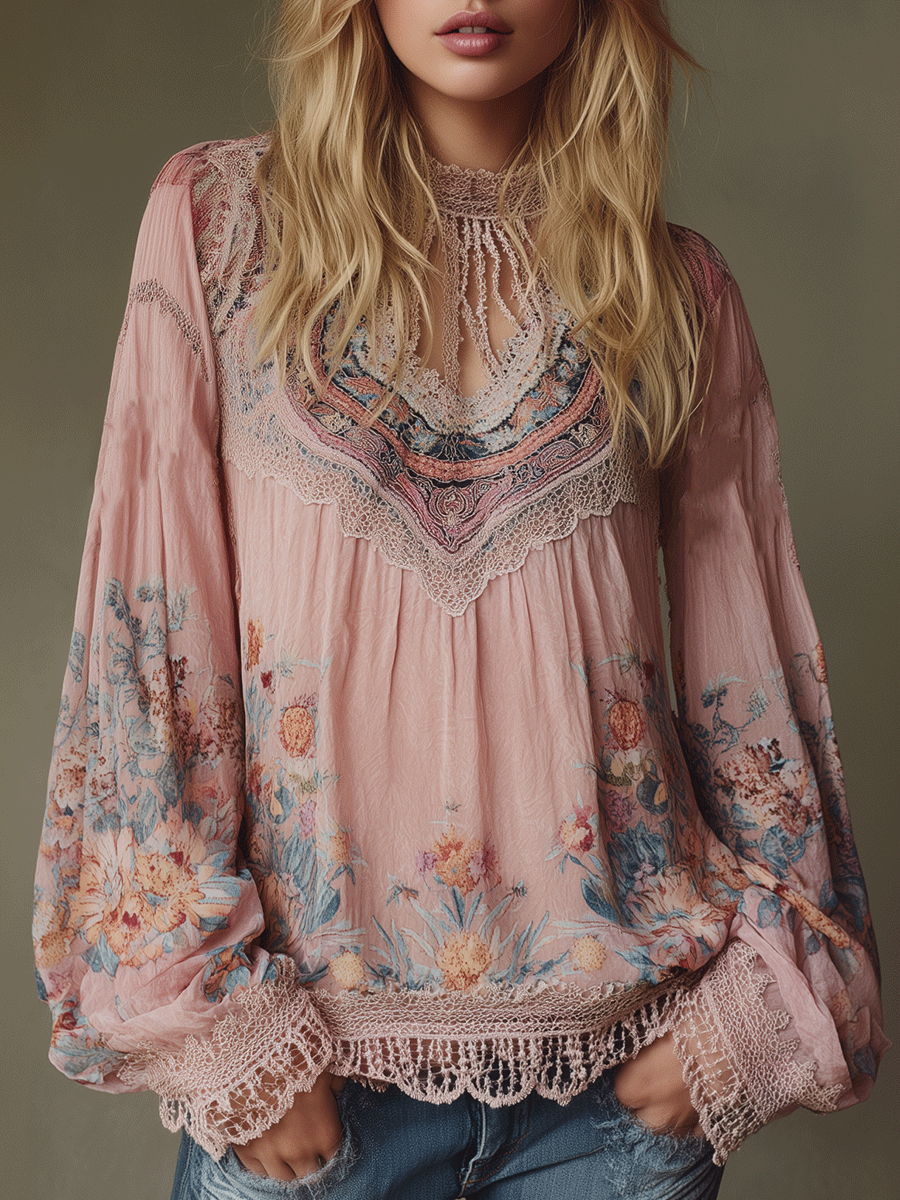 Boho Blush Pink Floral Lace Peasant Blouse