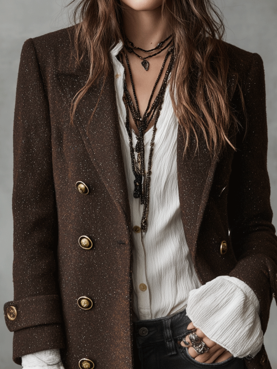 Vintage Brown Wool Double-Breasted Military Blazer Coat