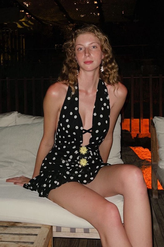 Polka Dot Plunge Halter-Neck Ruffle-Hem Mini Dress