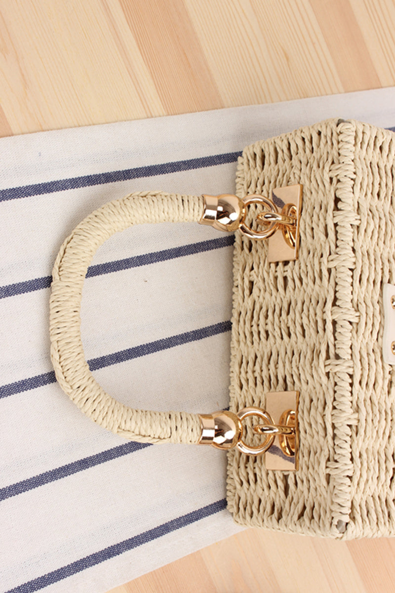 Box Shape Top-Handle Woven Straw Beach Handbag - Fashionpara