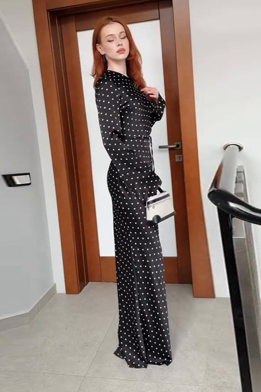 Polka Dot Black Long Sleeve Waist Tie Maxi Dress - Fashionpara