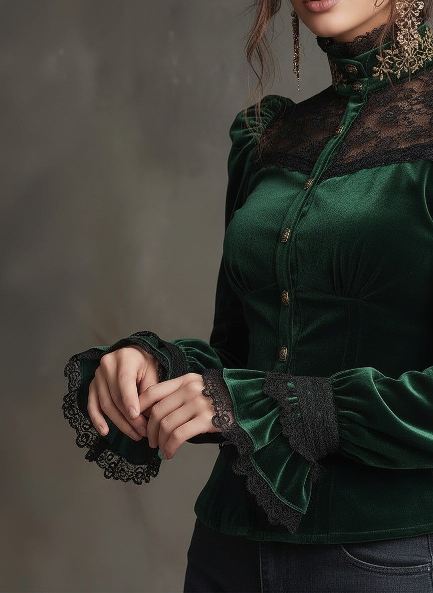 Emerald Velvet & Lace Victorian Blouse - Fashionpara