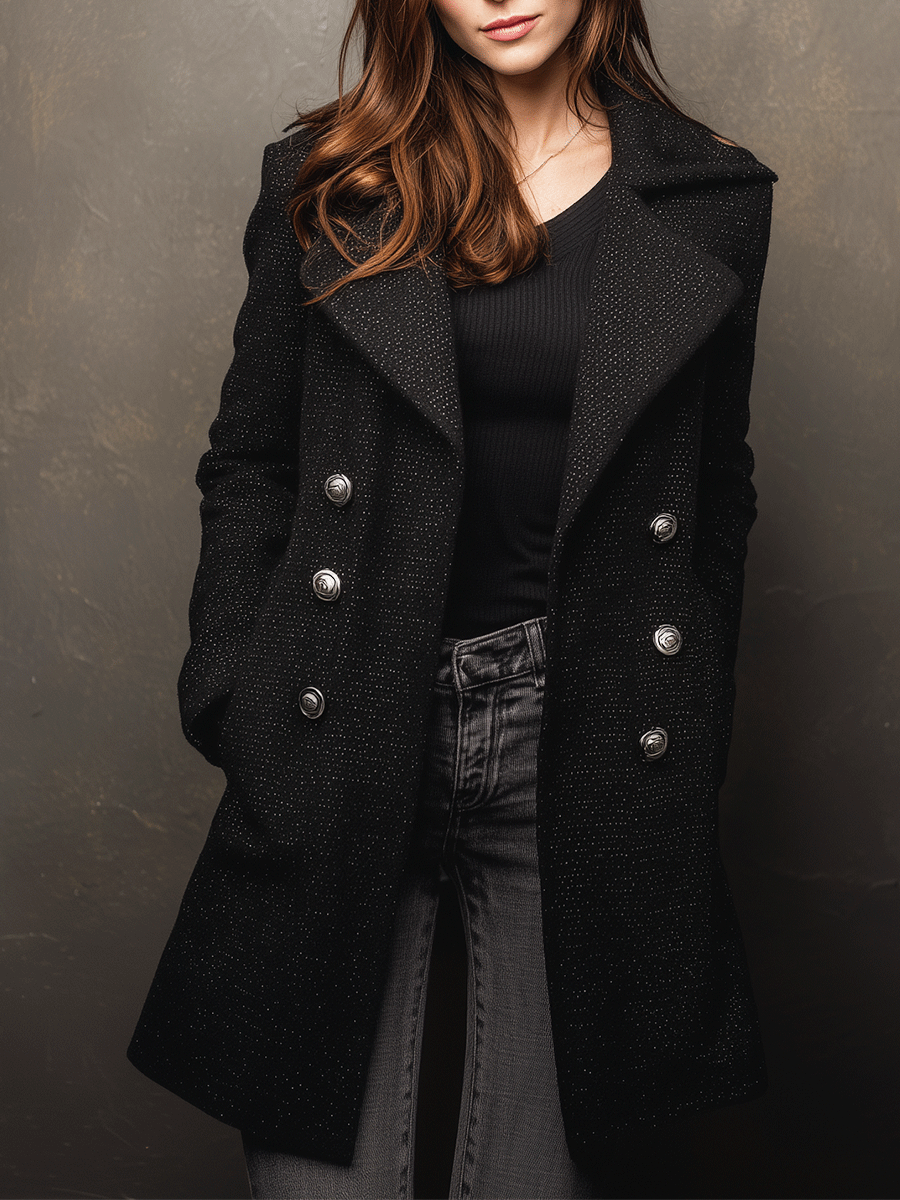 Classic Black  Double-Breasted Buttons Longline Coat - Fashionpara