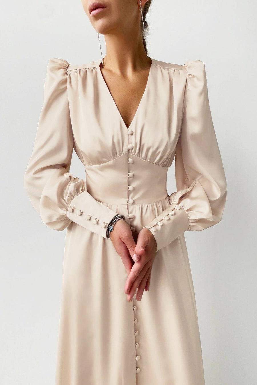 Vintage Satin Puff Sleeve Tailored Midi Dress