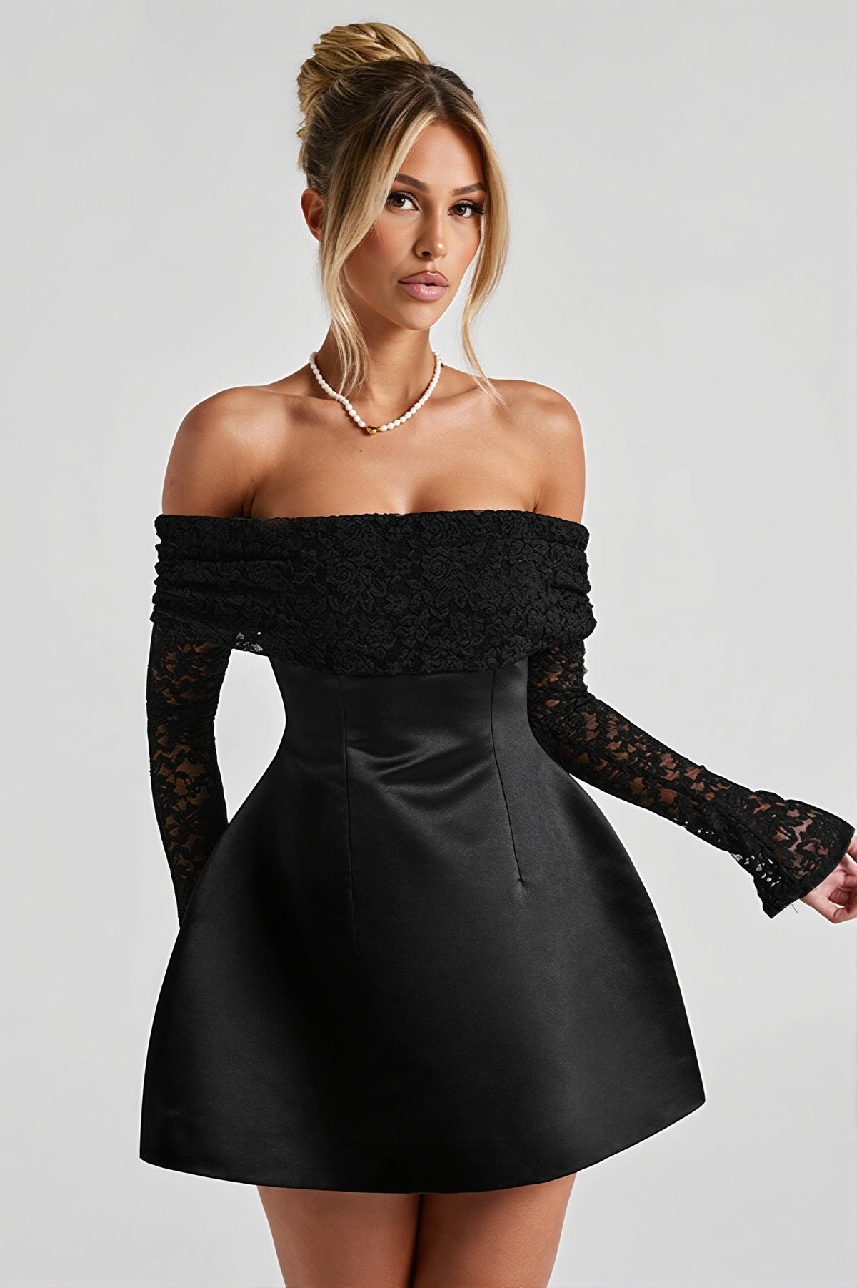 Off Shoulder Lace Long Sleeve Fit and Flare Mini Dress