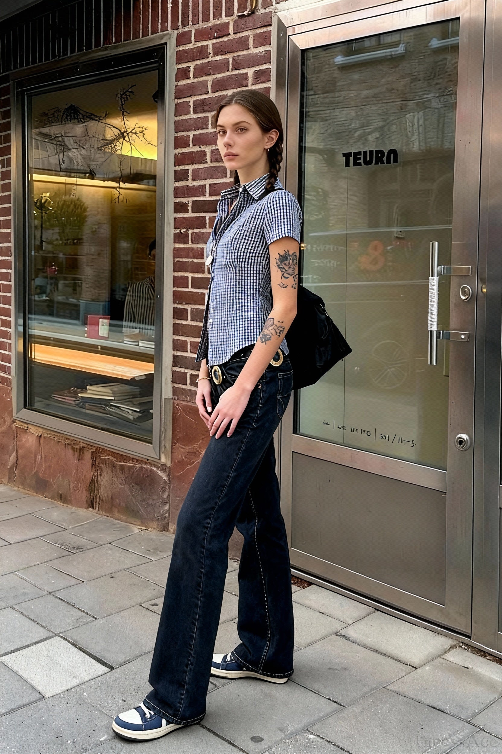 Blue Plaid Fitted Polo Collar Short Sleeve Blouse
