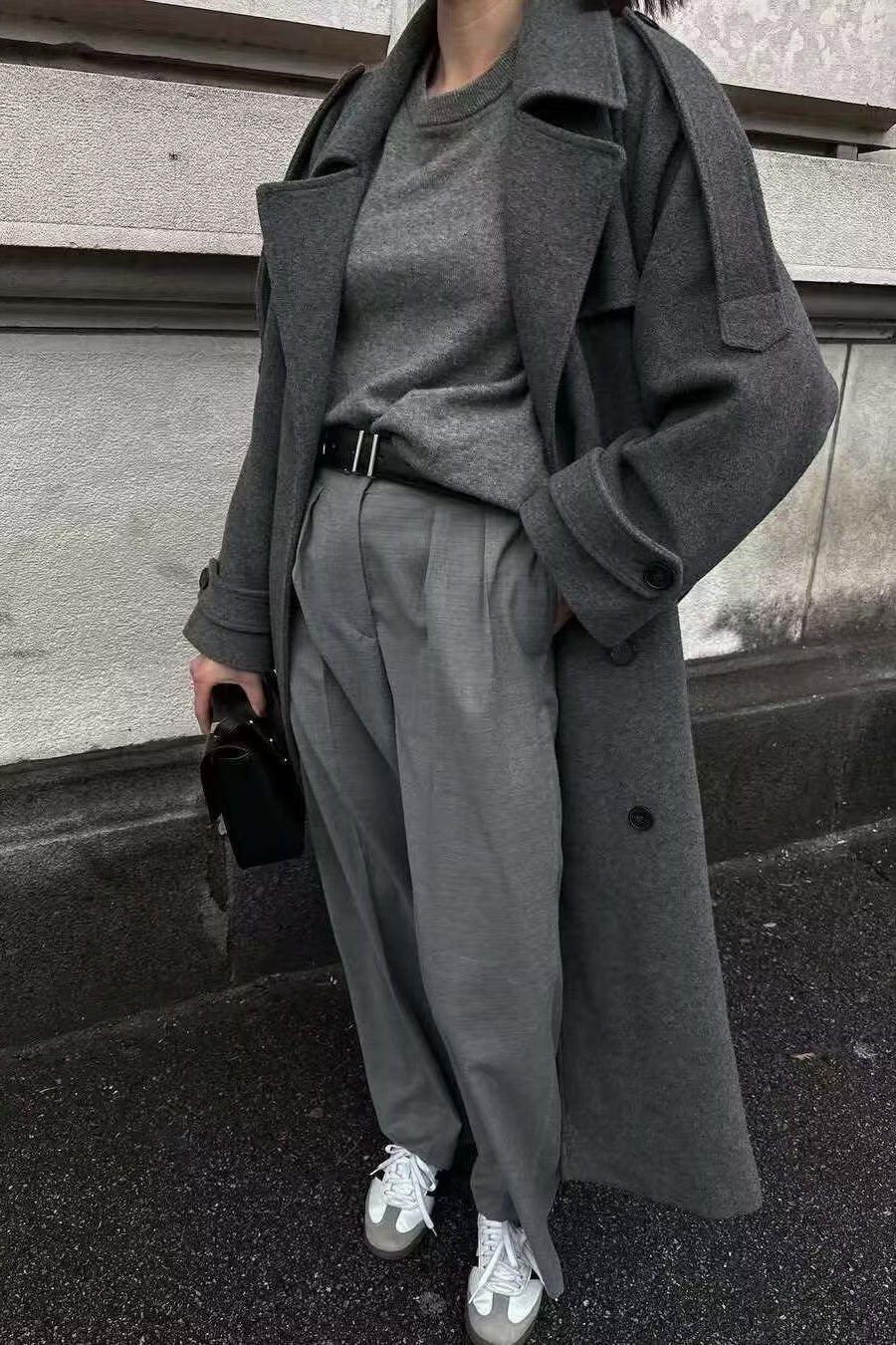 Belted Slim-Fit Woolen Long Overcoat for Elegant Style