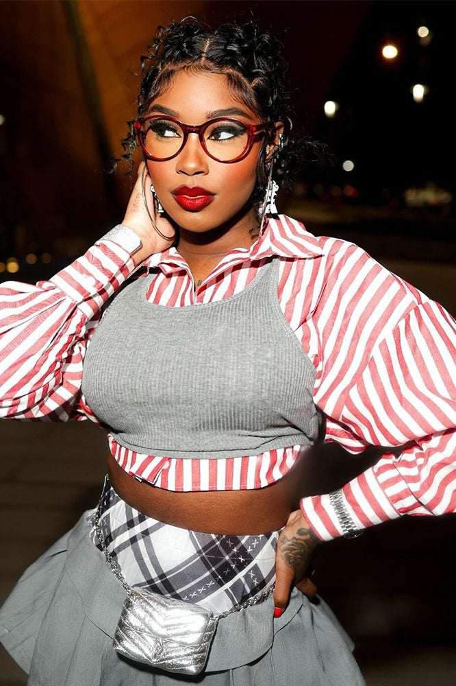 Striped Crop Shirt Two Piece Blouse