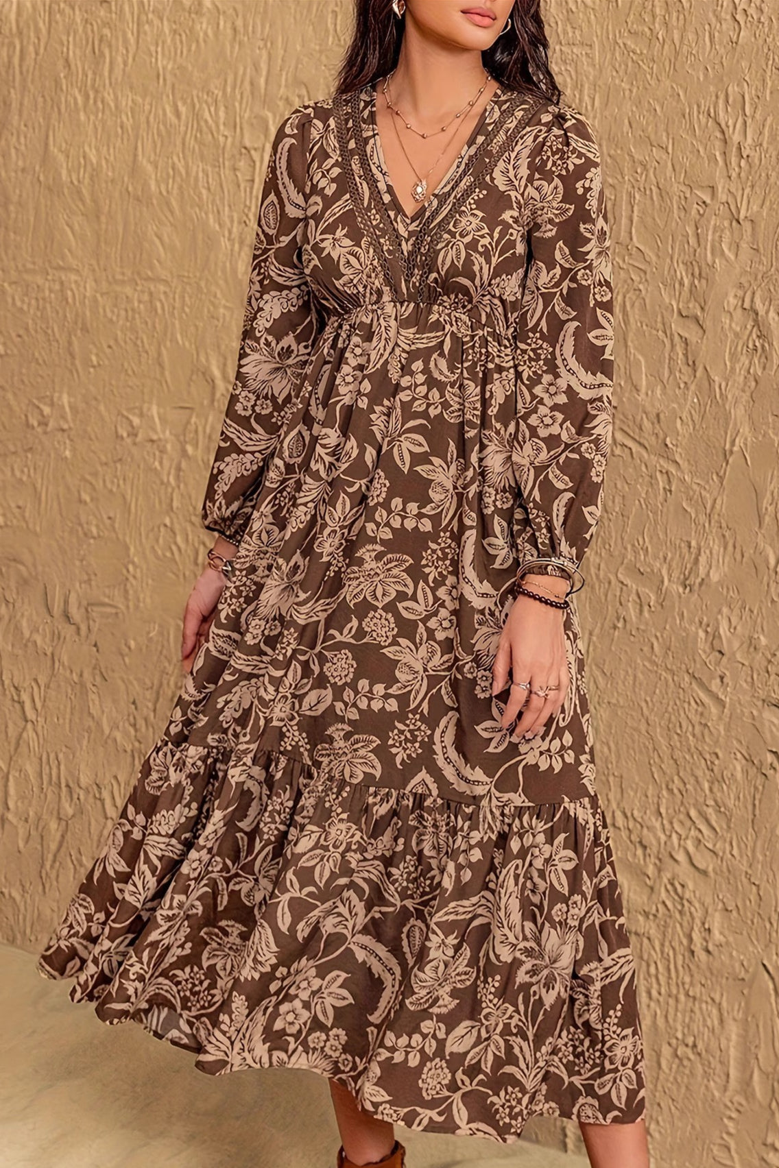 Floral Lace Trim Long Sleeve Tiered Maxi Dress