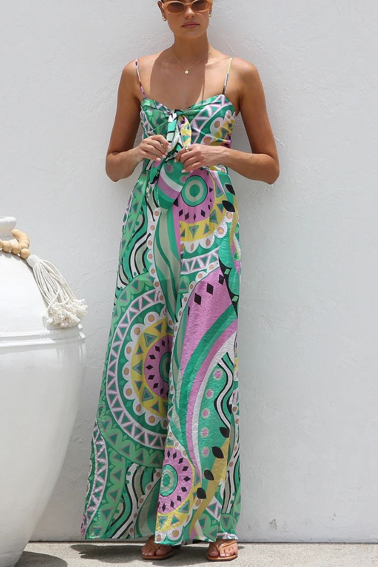 Unique Printed Suspender Back Pleated Pocket Wide-leg Jumpsuit - Fashionpara