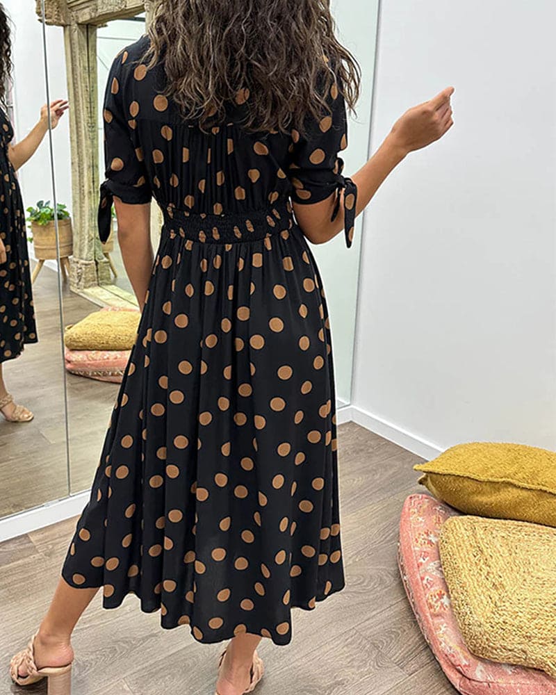 V-Neck Short Sleeve Tie Cuff Button Front Polka Dot Midi Dress - View 4