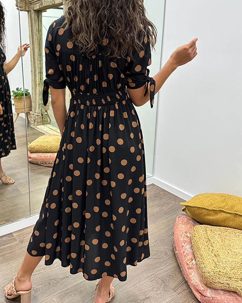 Polka Dot Deep V-Neck Button Front Puff Sleeve Tie Cuff Midi Dress - View 4