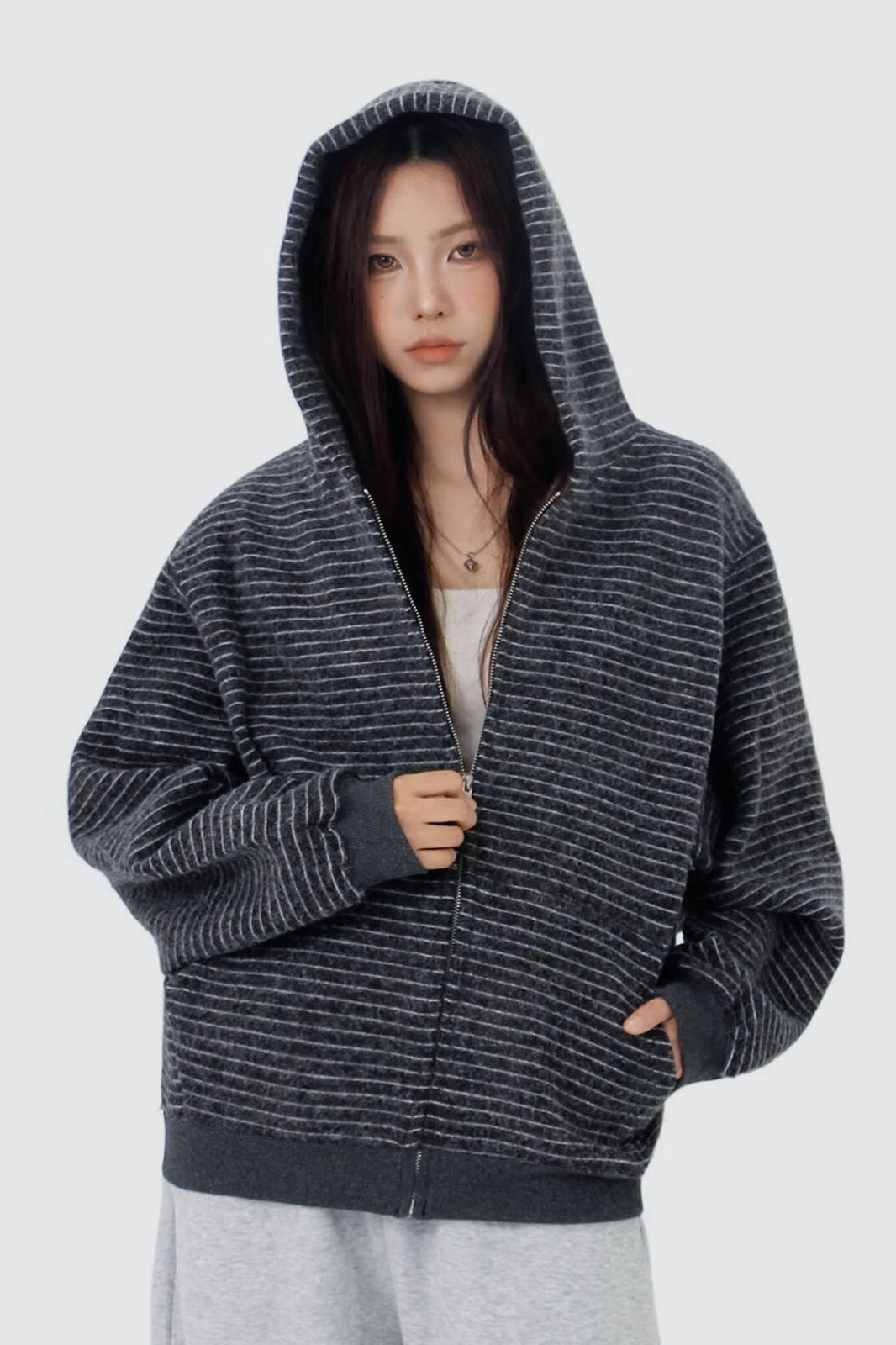 Striped Zip Knit Hoodie - Fashionpara